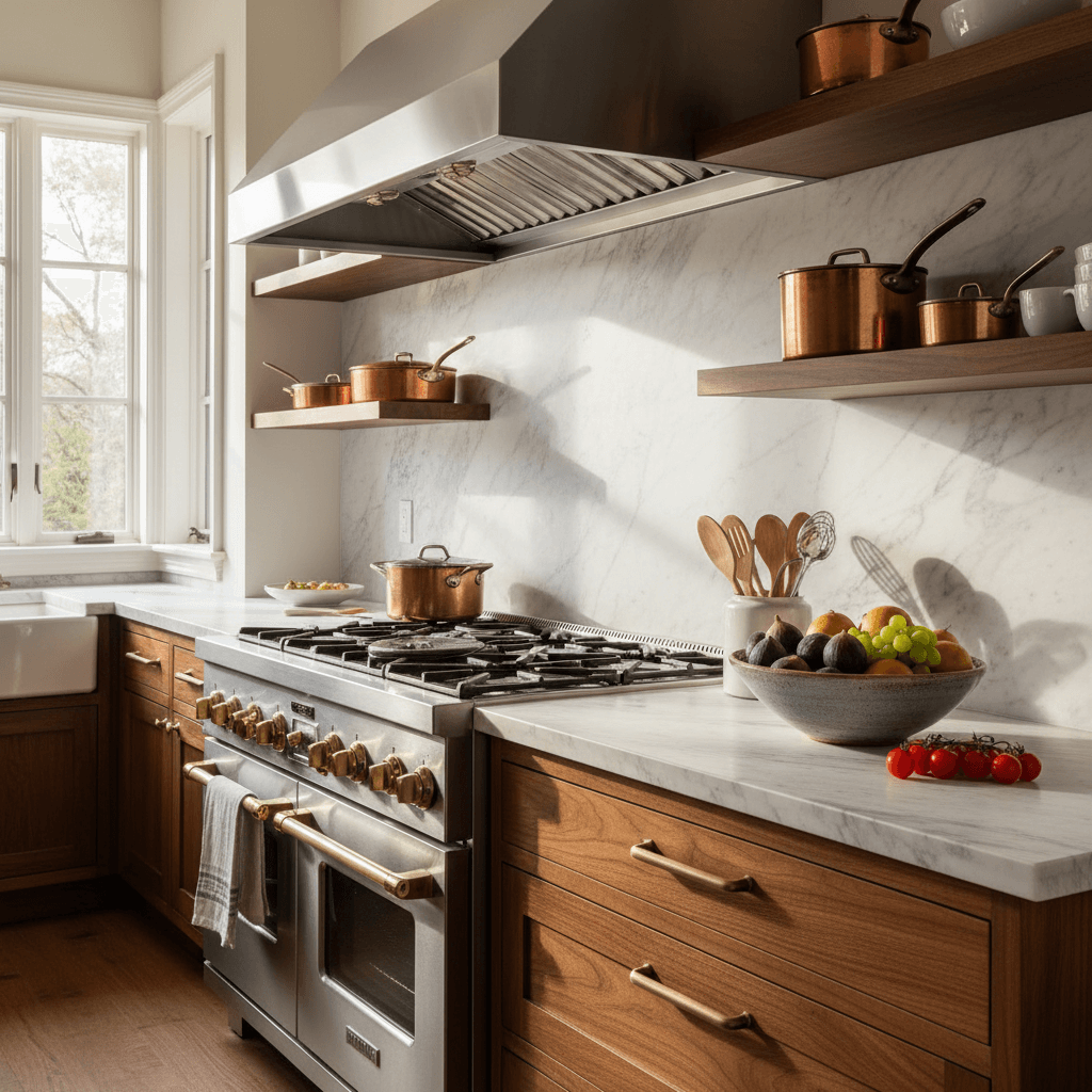 Luxury kitchen with stainless steel appliances, marble countertops, natural wood cabinetry, and fresh seasonal produce